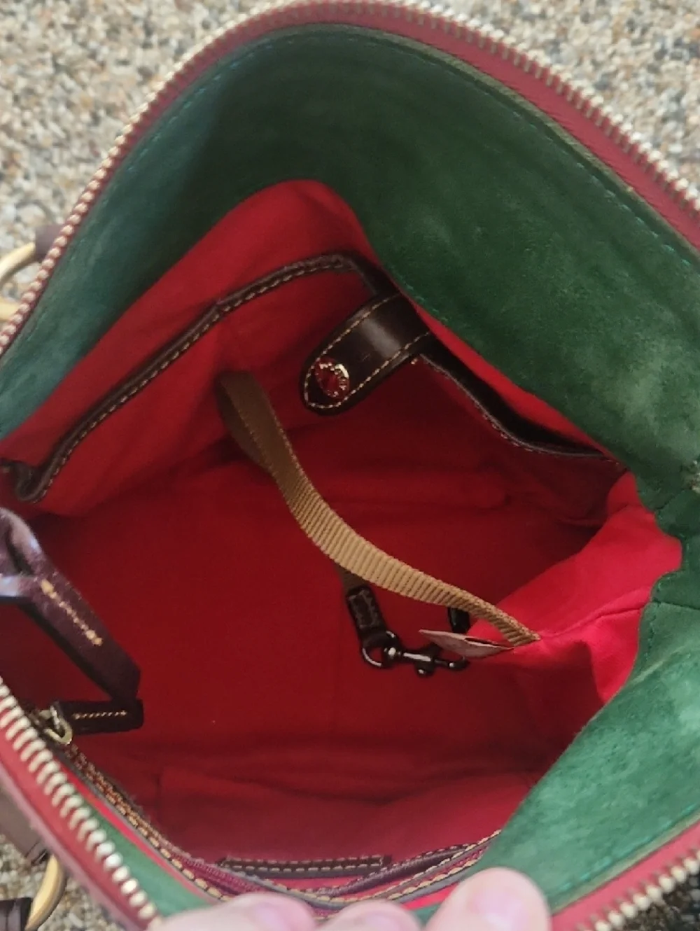 Dooney & Bourke Brown Leather Satchel with Gold Hardware and Red Trim - Picture 5 of 15